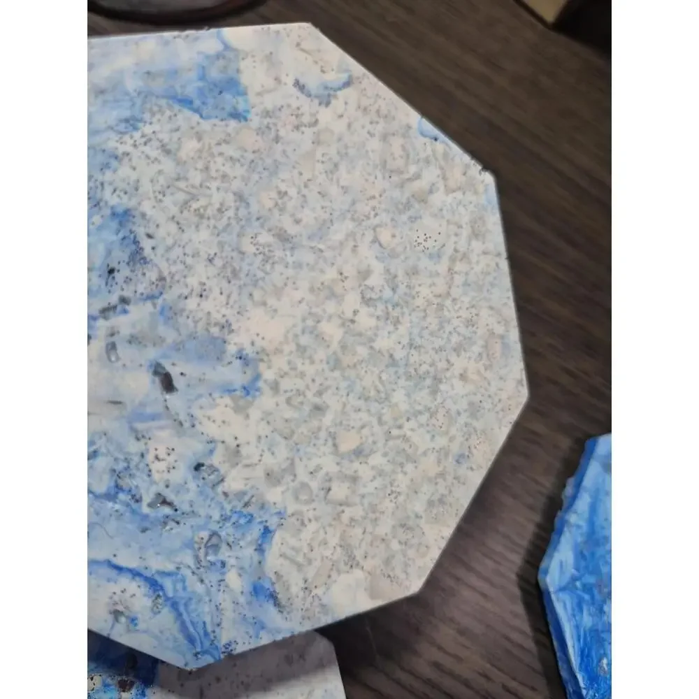 4 White/Blue/Gray Marbled Eco Resin Stone Look Hexagon Coasters 3 5/8” Handmade